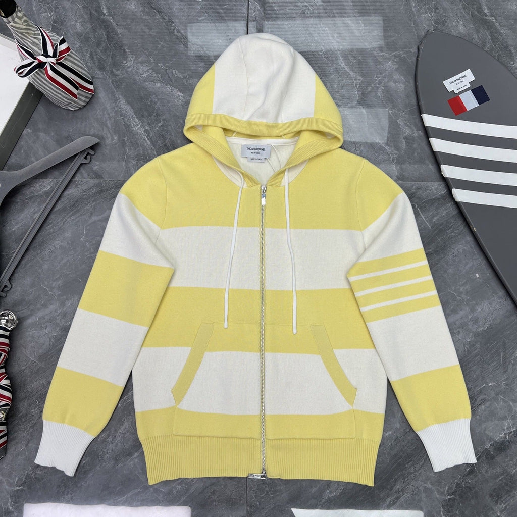 Thom Browne Style Striped Dog-Motif Zip-Up Knit Hoodie