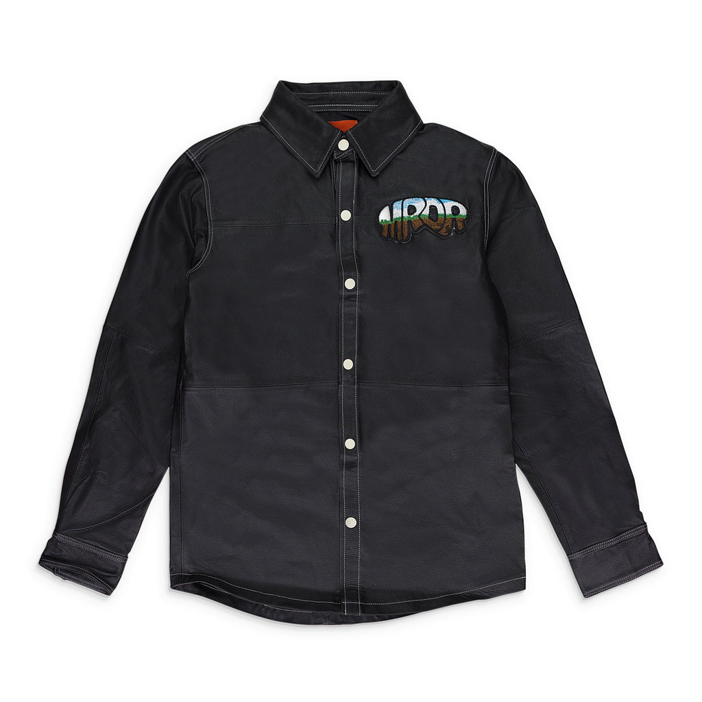 BLACK LEATHER WORK BUTTON-DOWN SHIRT