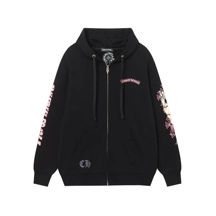 Chrome Hearts Deadly Doll Pink Cross Scroll Zip Up Hoodie 9821