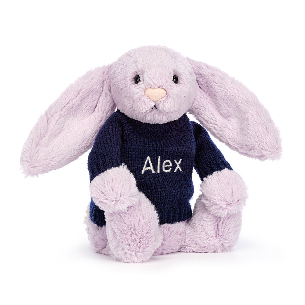 Bashful Lilac Bunny with Personalized Navy Jumper