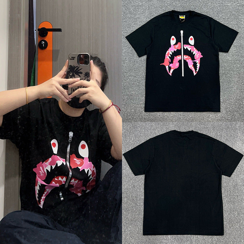 Bape Shark Camo Zip Graphic Oversized Tee Streetwear Unisex