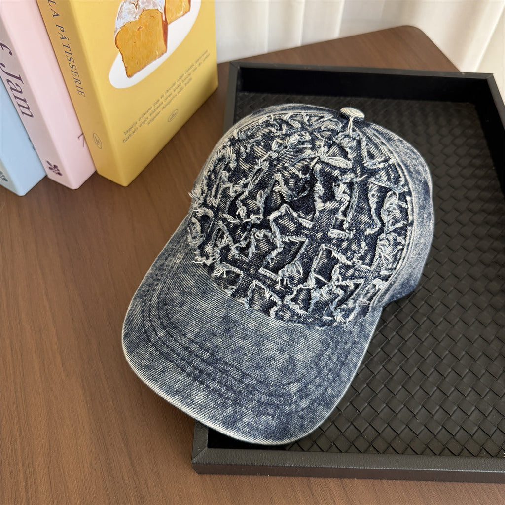 Frayed Cross Denim Washed Vintage Baseball Cap Streetwear Multi‑Style