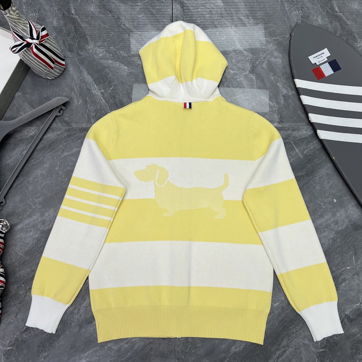 Thom Browne Style Striped Dog-Motif Zip-Up Knit Hoodie