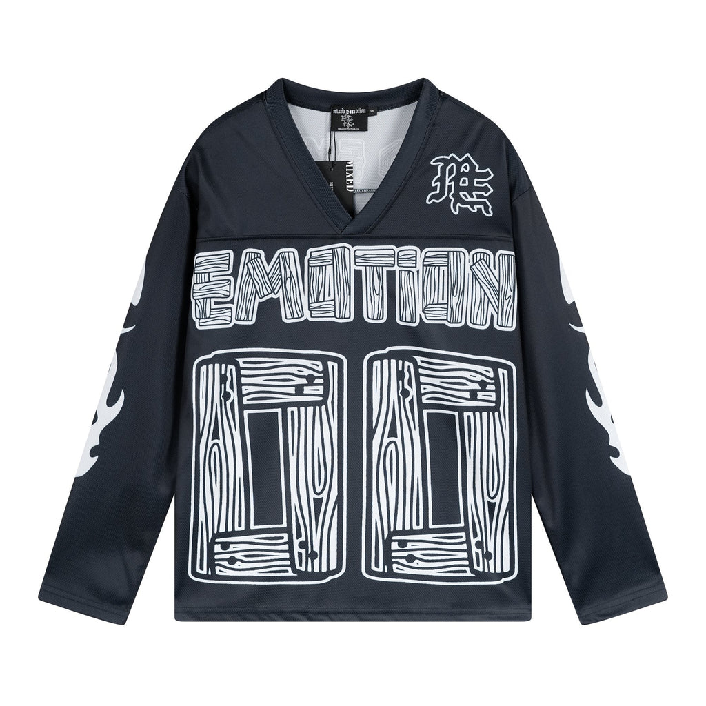 MIXED EMOTION V-Neck Jersey-Style Long-Sleeve T-Shirt