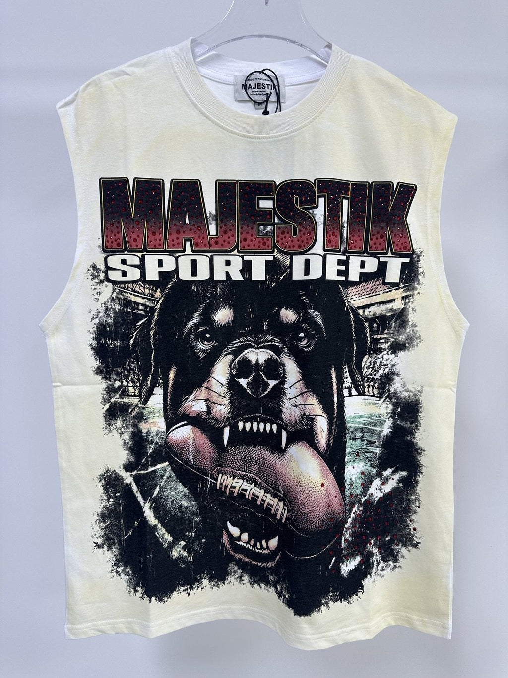 MAJESTIK Cream Distressed Rhinestone Sleeveless T-Shirt