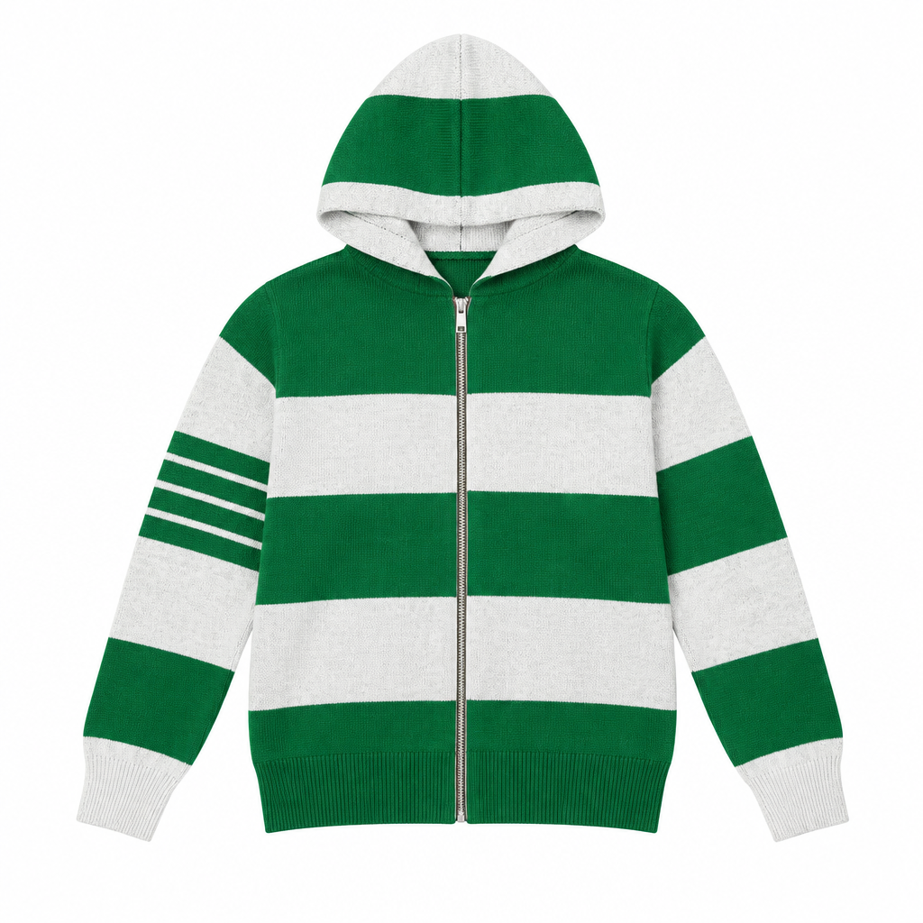 Thom Browne Style Striped Dog-Motif Zip-Up Knit Hoodie