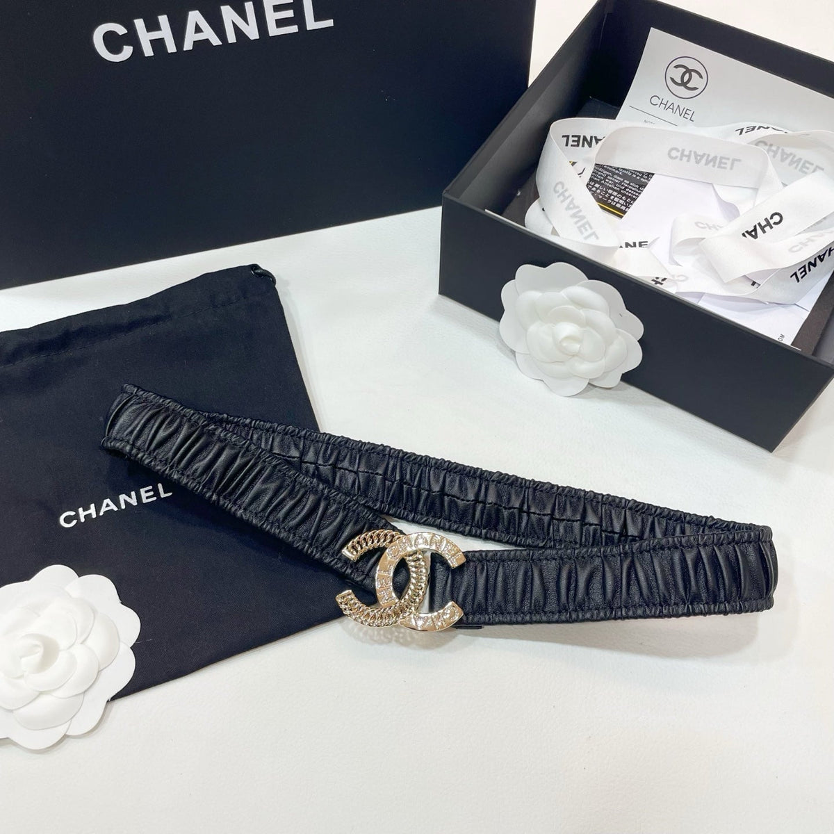 CHANEL DOUBLE C ELASTIC BELT 30MM IN BLACK CALFSKIN GOLD CRYSTAL EMBELLISHED BUCKLE