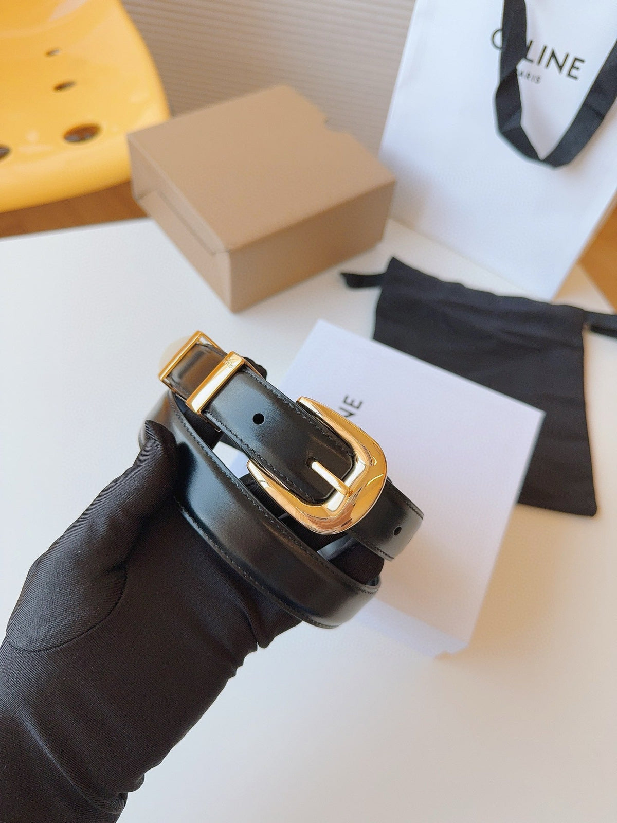 CELINE 25S SMALL 25MM WESTERN BELT IN BLACK CALFSKIN 566638