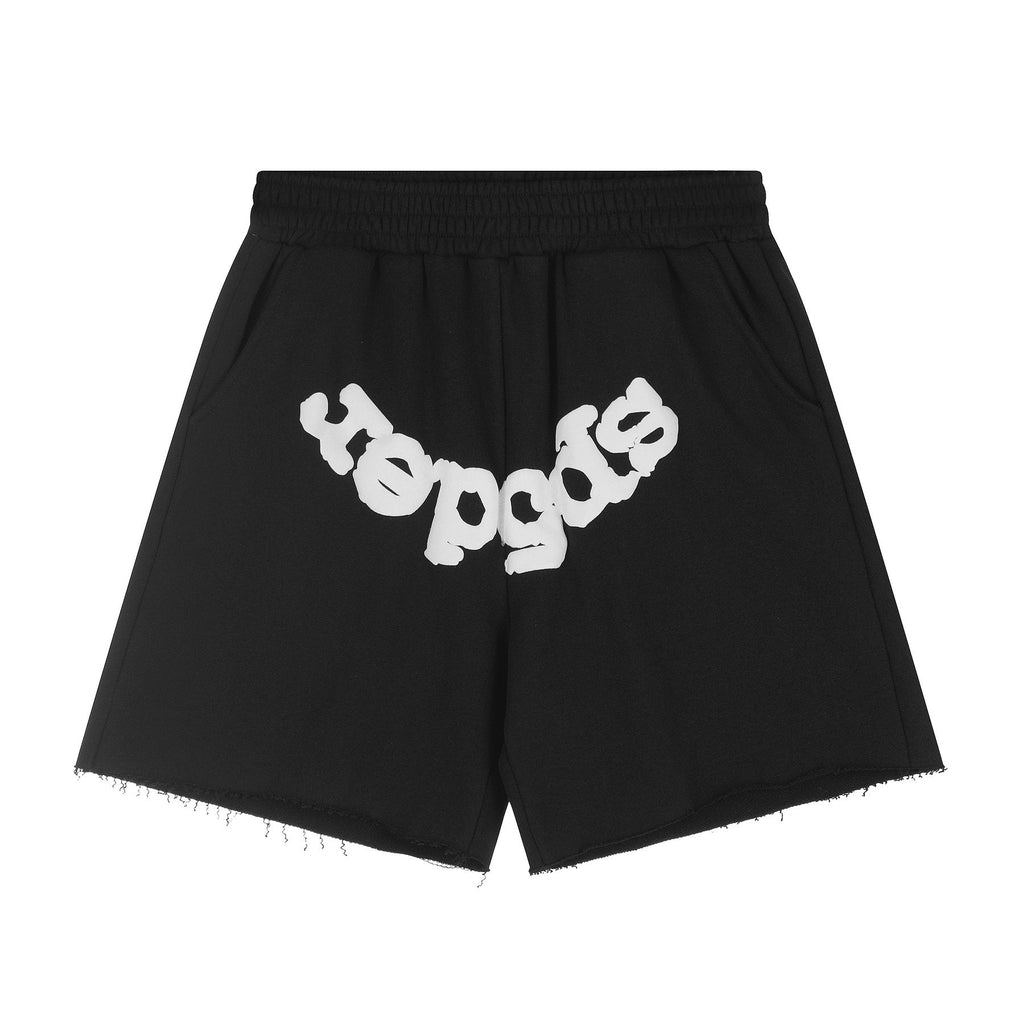 Sp5der Curved Wordmark Raw-Hem Shorts