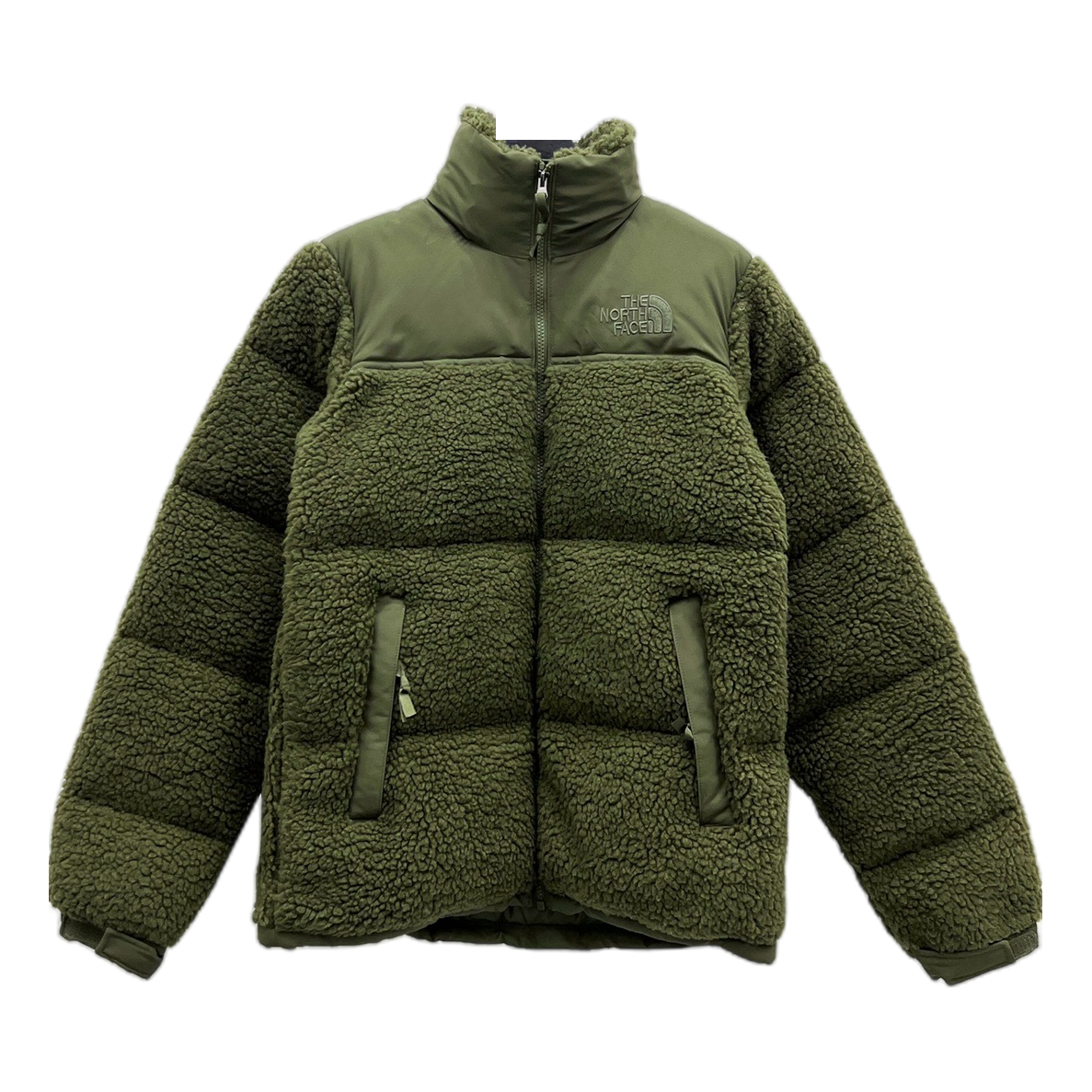 The North Face Fleece-Panel Stand-Collar Puffer Jacket – Olive | Textured Winter Layer
