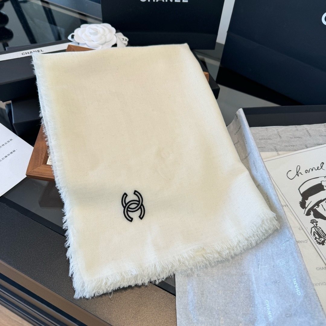 Chanel Ivory Fringed Cashmere Scarf