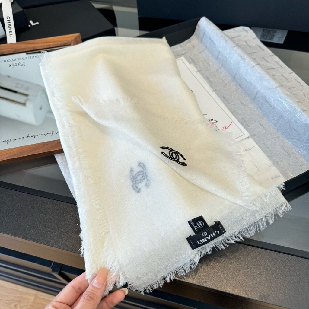 Chanel Ivory Fringed Cashmere Scarf