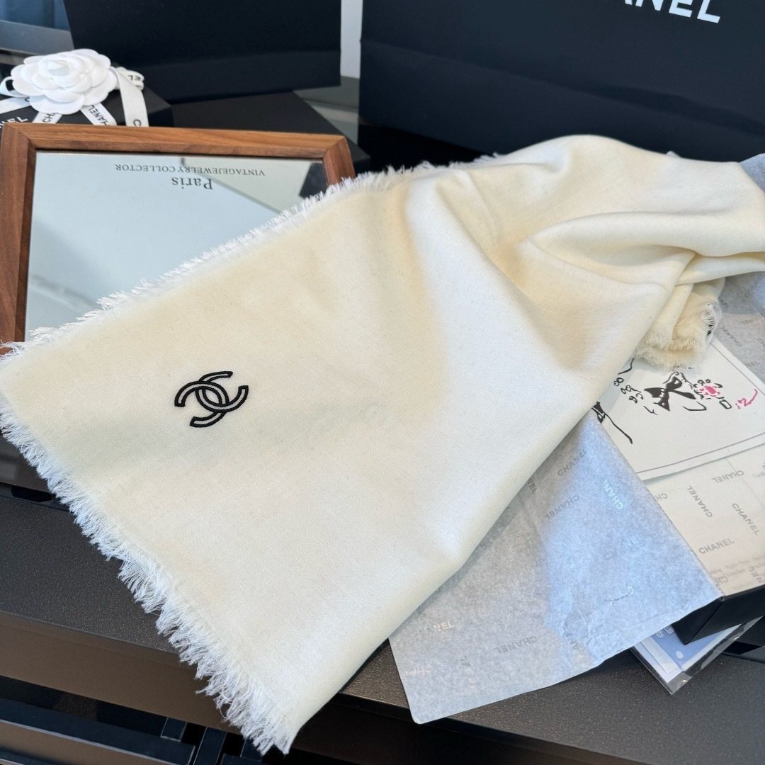 Chanel Ivory Fringed Cashmere Scarf