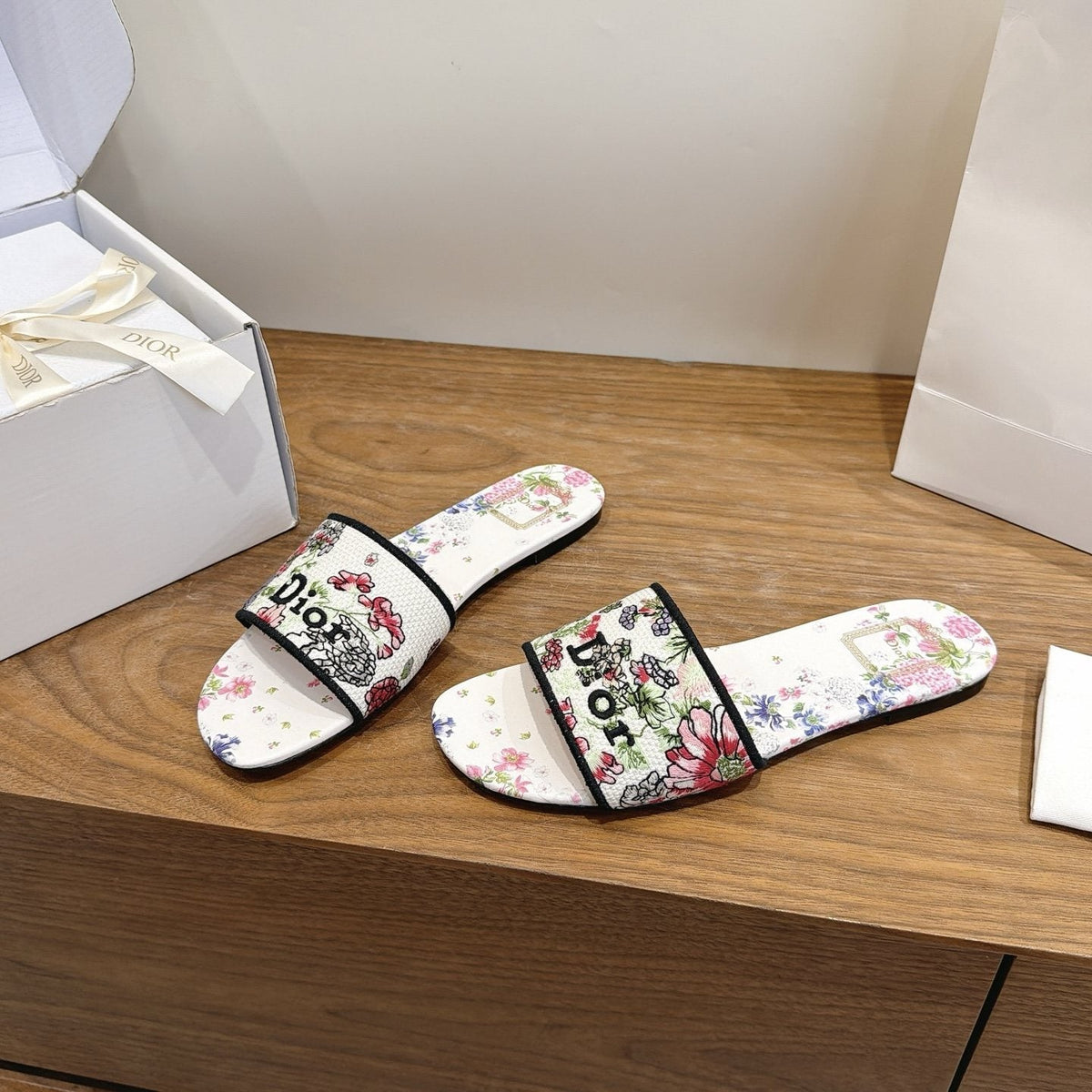 Dior Floral Embroidered Slide Sandals