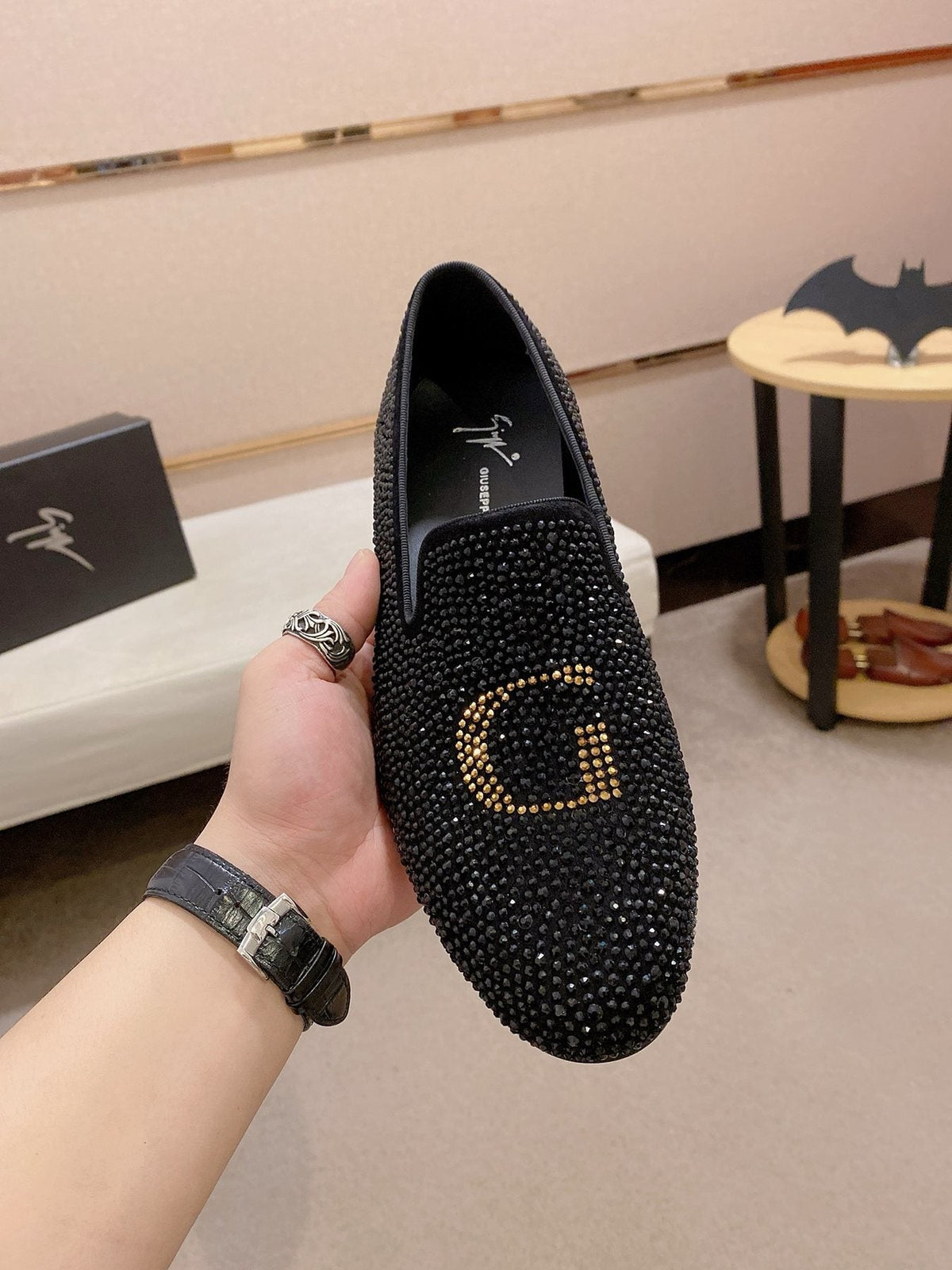 Giuseppe Zanotti Men's Black Studded Gold Accent Loafers