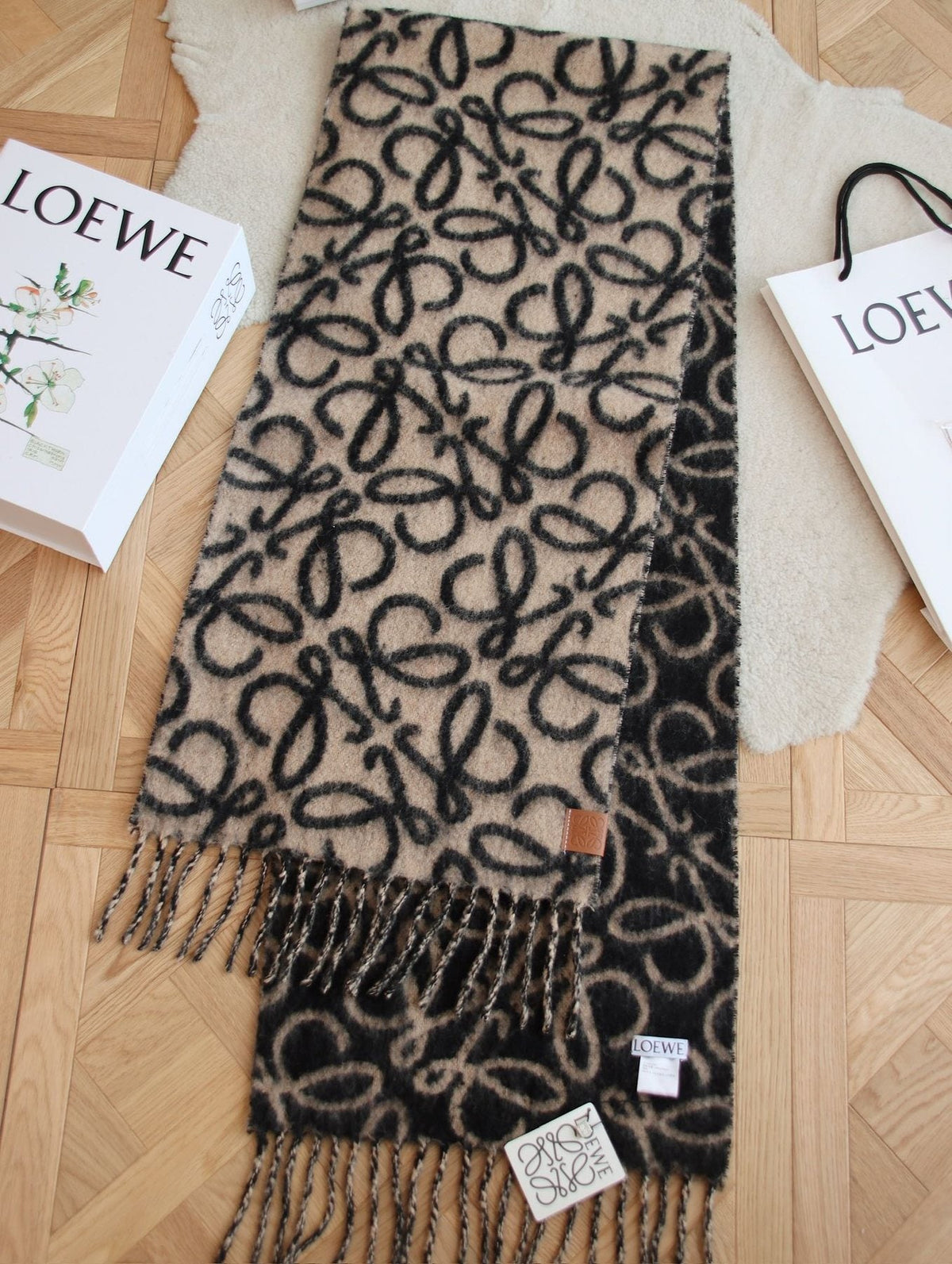 Loewe Beige and Black Patterned Fringe Scarf