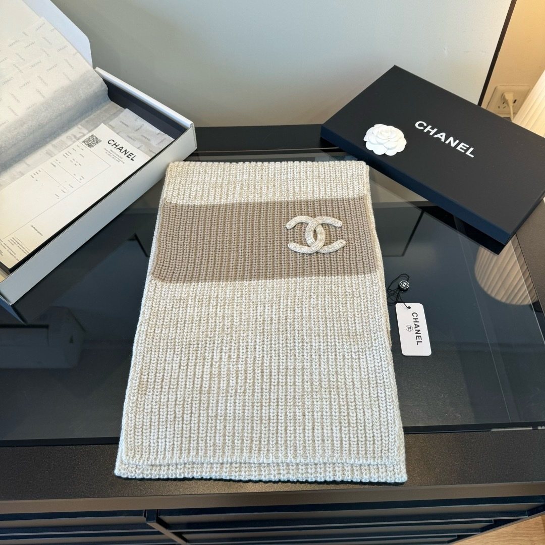 Chanel Rib-Knit Logo Scarf