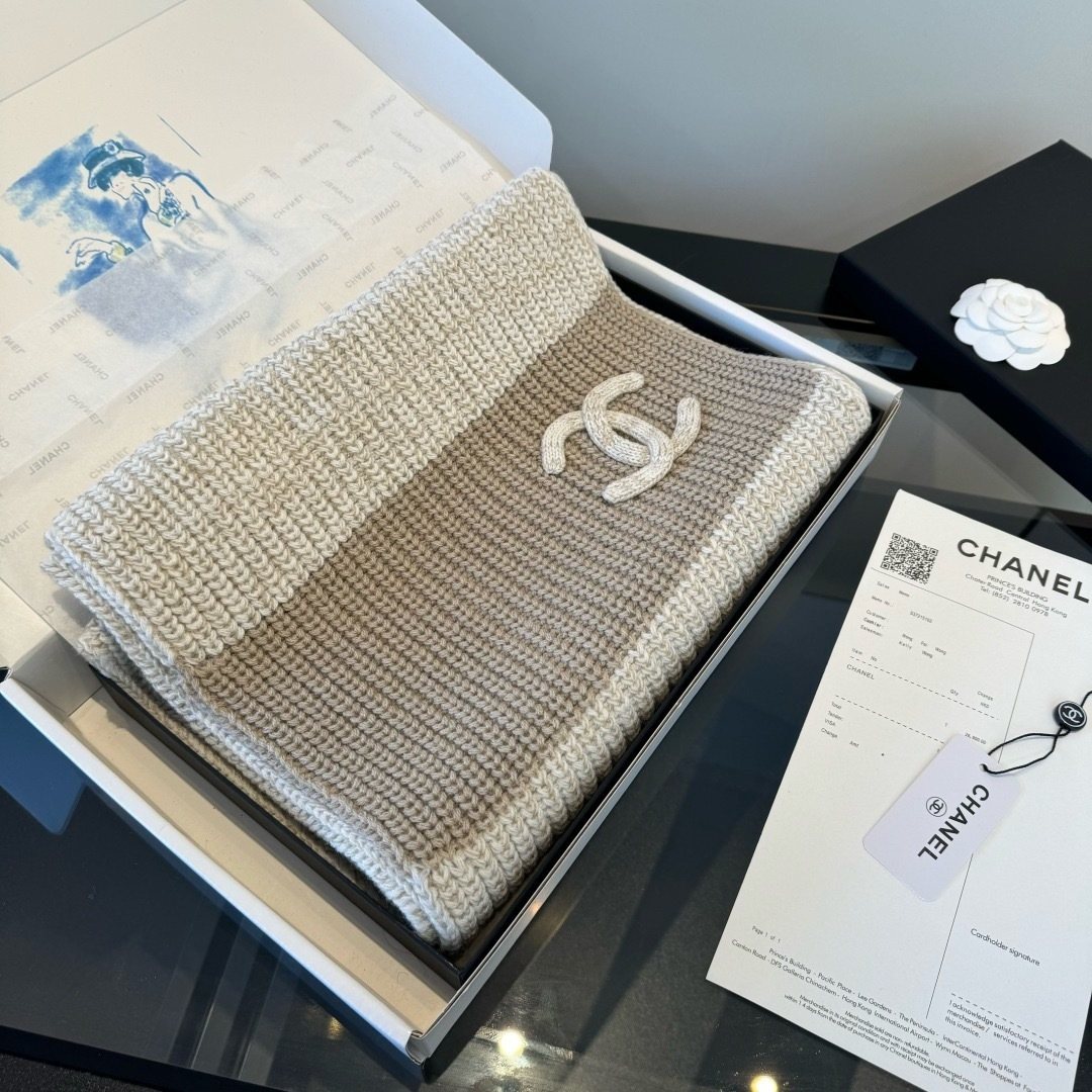 Chanel Rib-Knit Logo Scarf