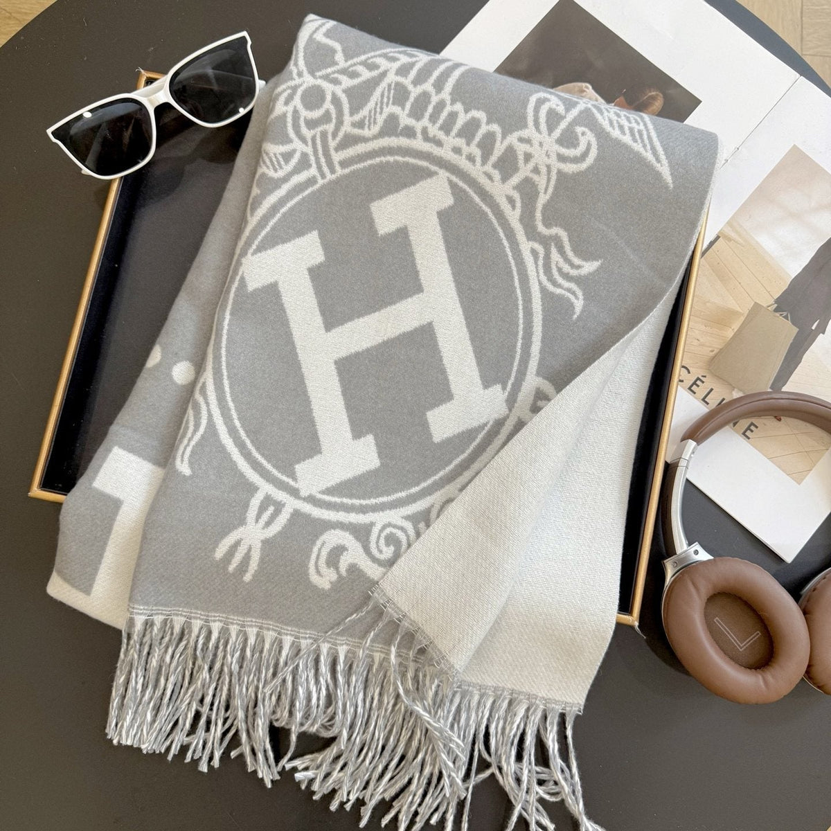 Fringed Knit Scarf with Ornamental Motif