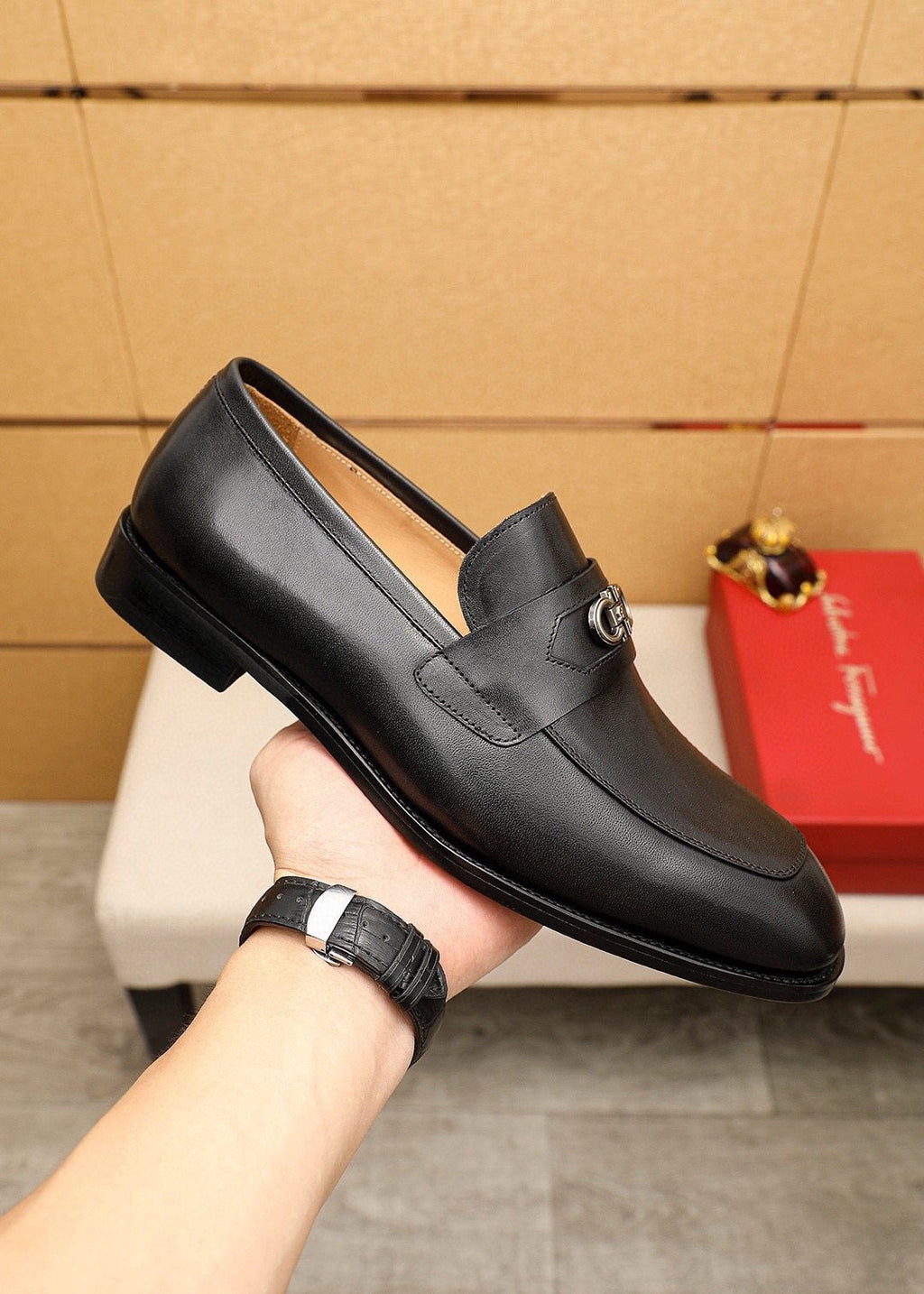 Ferragamo Black Metal Hardware Loafers