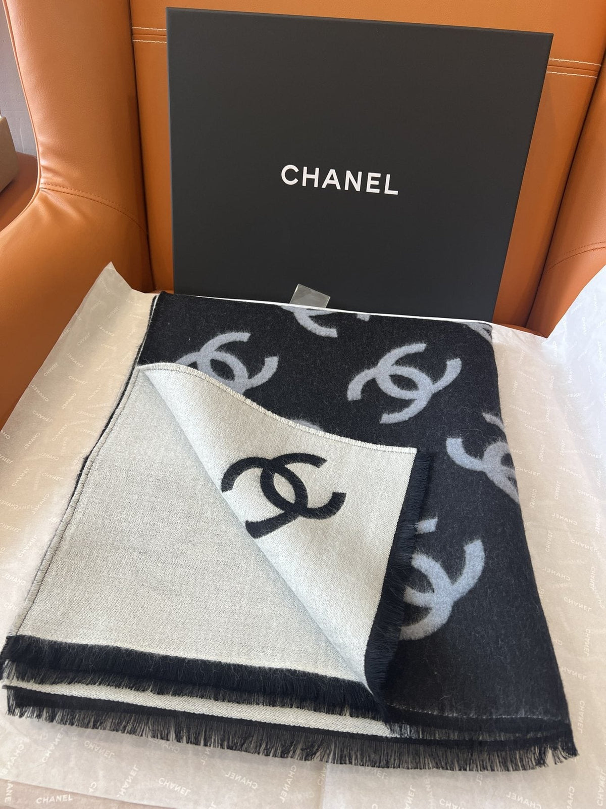 Chanel Reversible Black & Ivory Motif Shawl