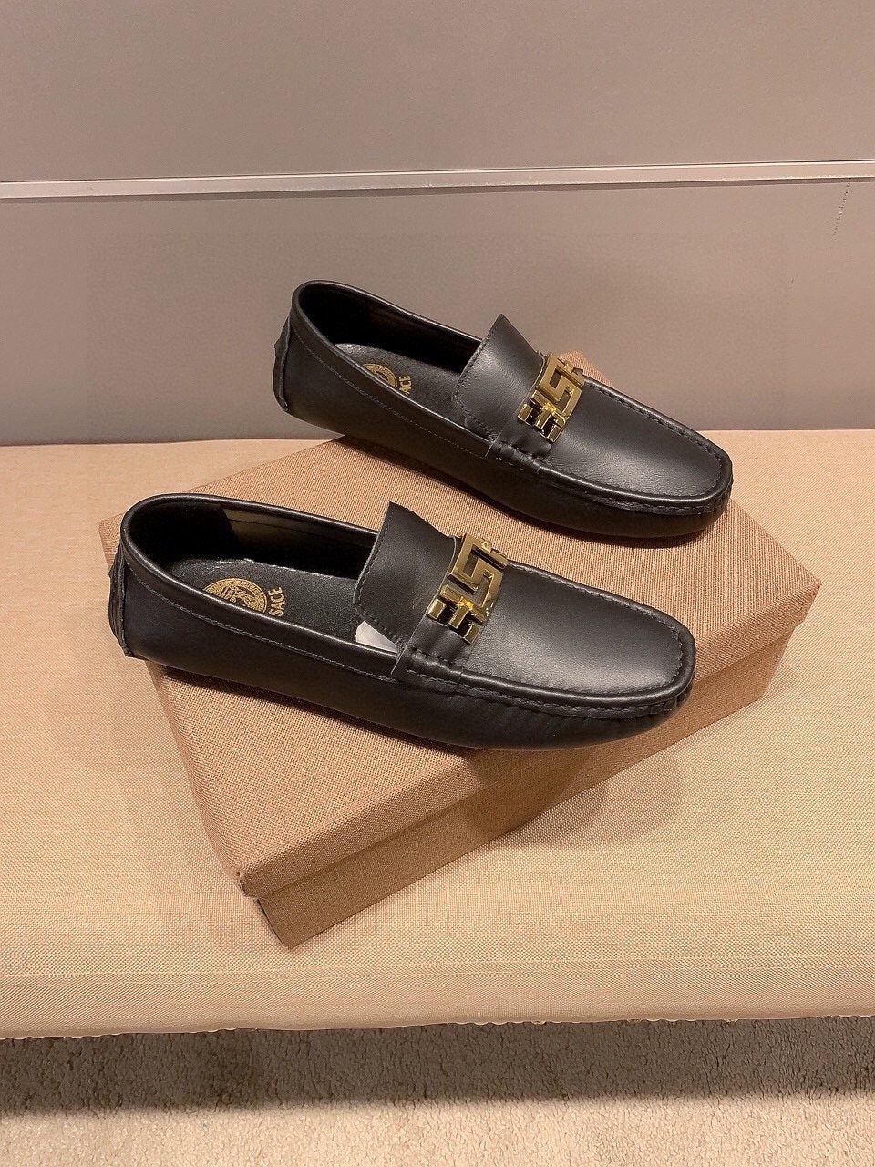 Versace Men's Black Gold-Tone Hardware Loafers - Low-Profile Rubber Sole