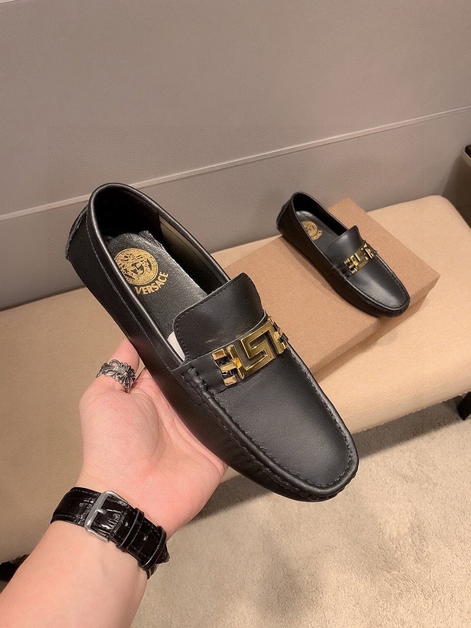 Versace Men's Black Gold-Tone Hardware Loafers - Low-Profile Rubber Sole