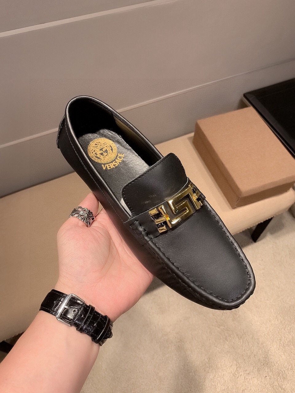 Versace Men's Black Gold-Tone Hardware Loafers - Low-Profile Rubber Sole