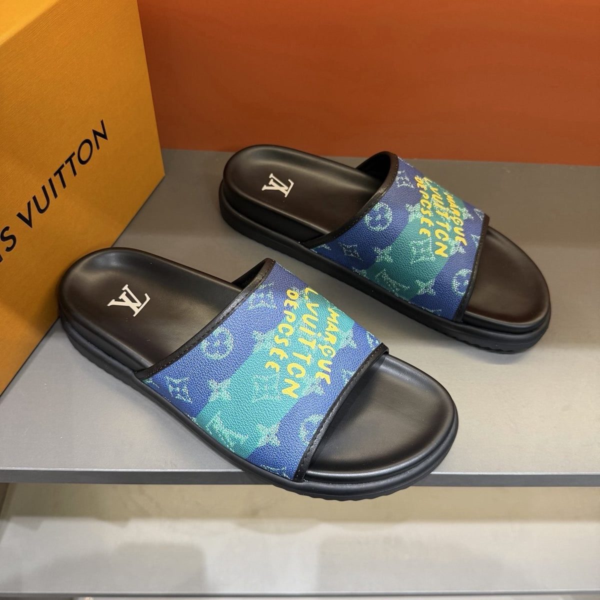 Louis Vuitton Blue Green Patterned Slide Sandals
