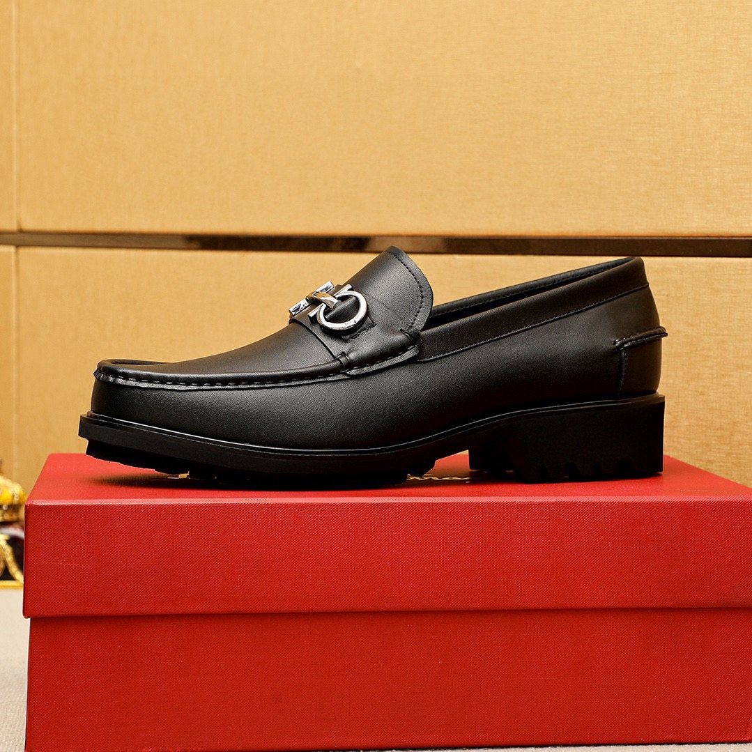 Ferragamo Black Metal-Hardware Loafers