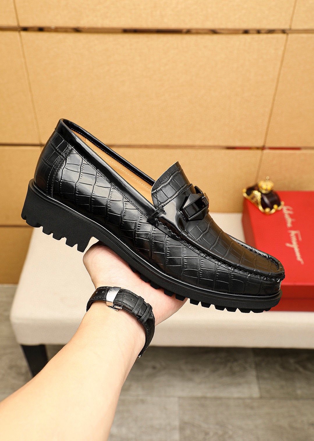 Ferragamo Black Embossed Leather Loafers
