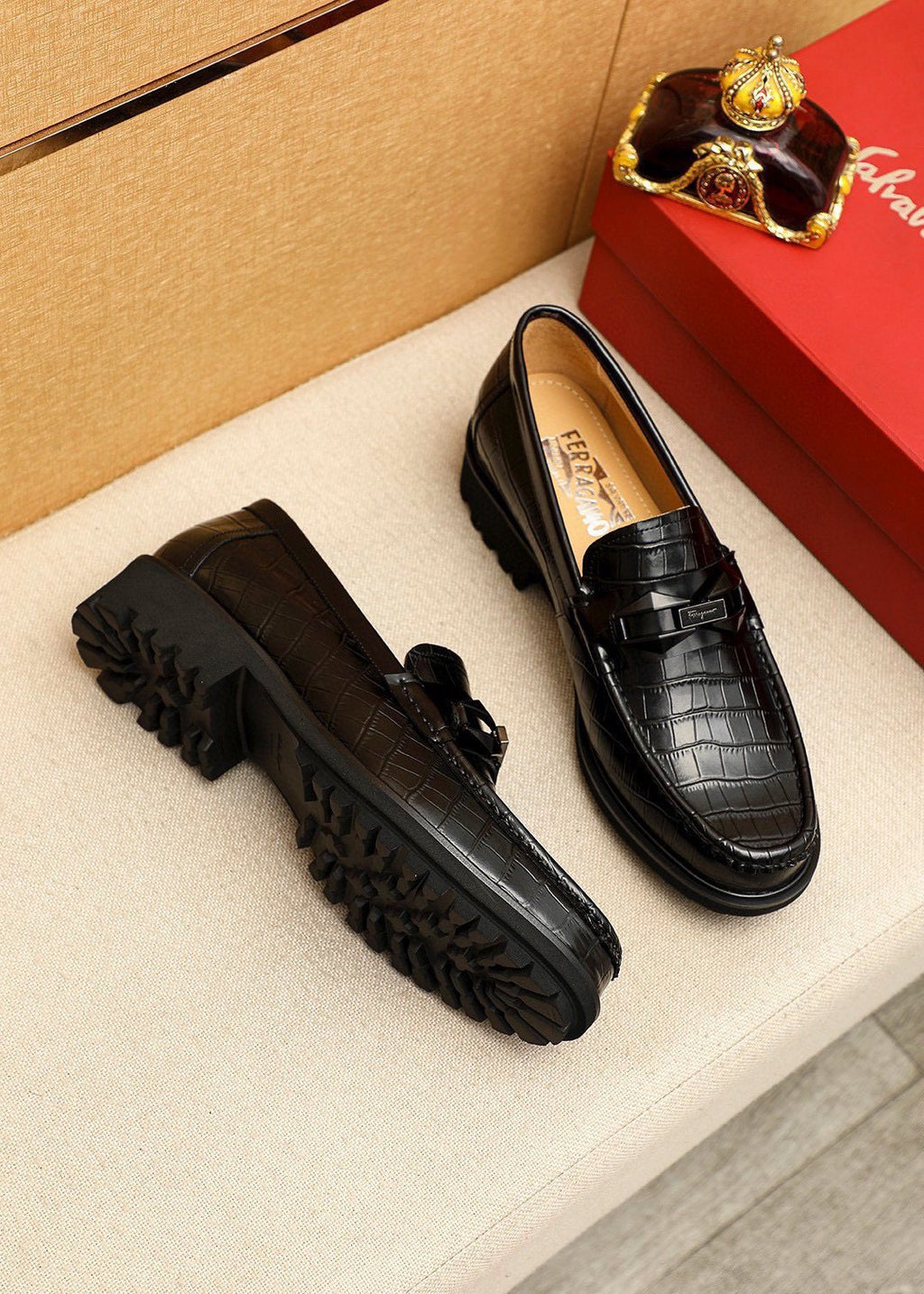Ferragamo Black Embossed Leather Loafers