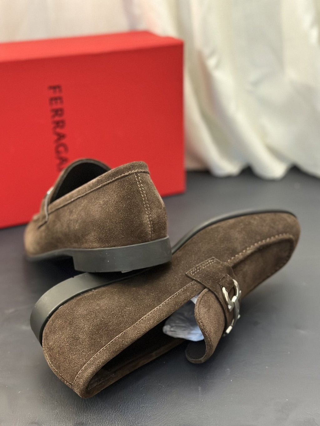Ferragamo Brown Metal-Detail Loafers