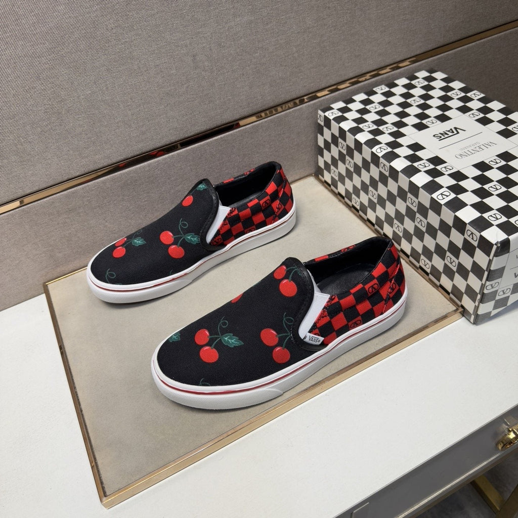 Vans Men's Cherry Checkerboard Slip-On Shoes - Black, Red & White