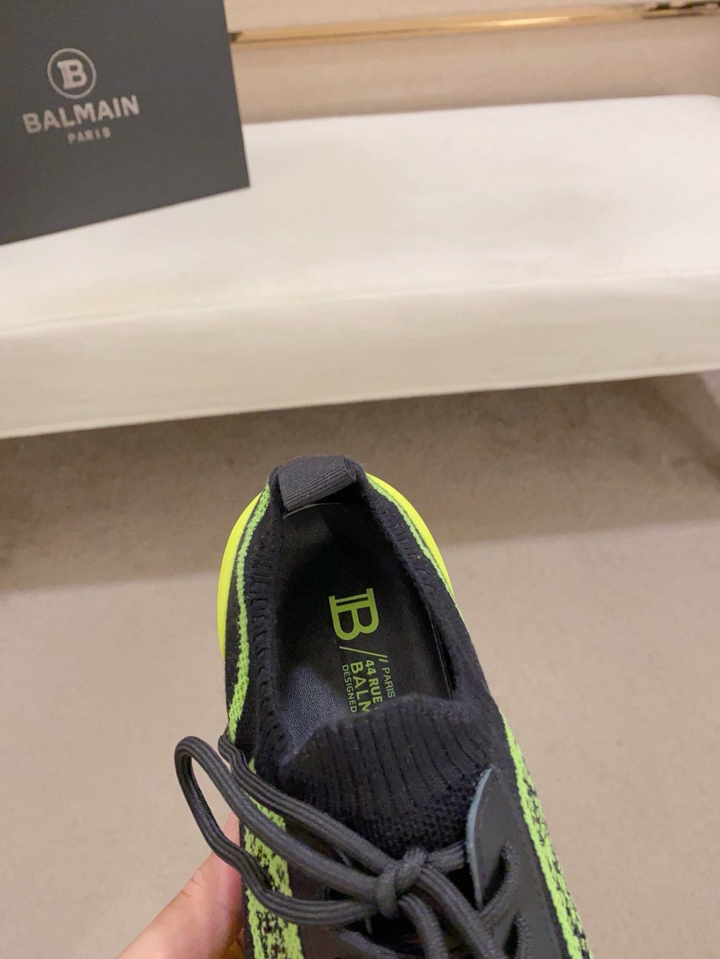 Balmain Neon Lime Knit Low-Top Sneakers - Black and Neon Lime Green