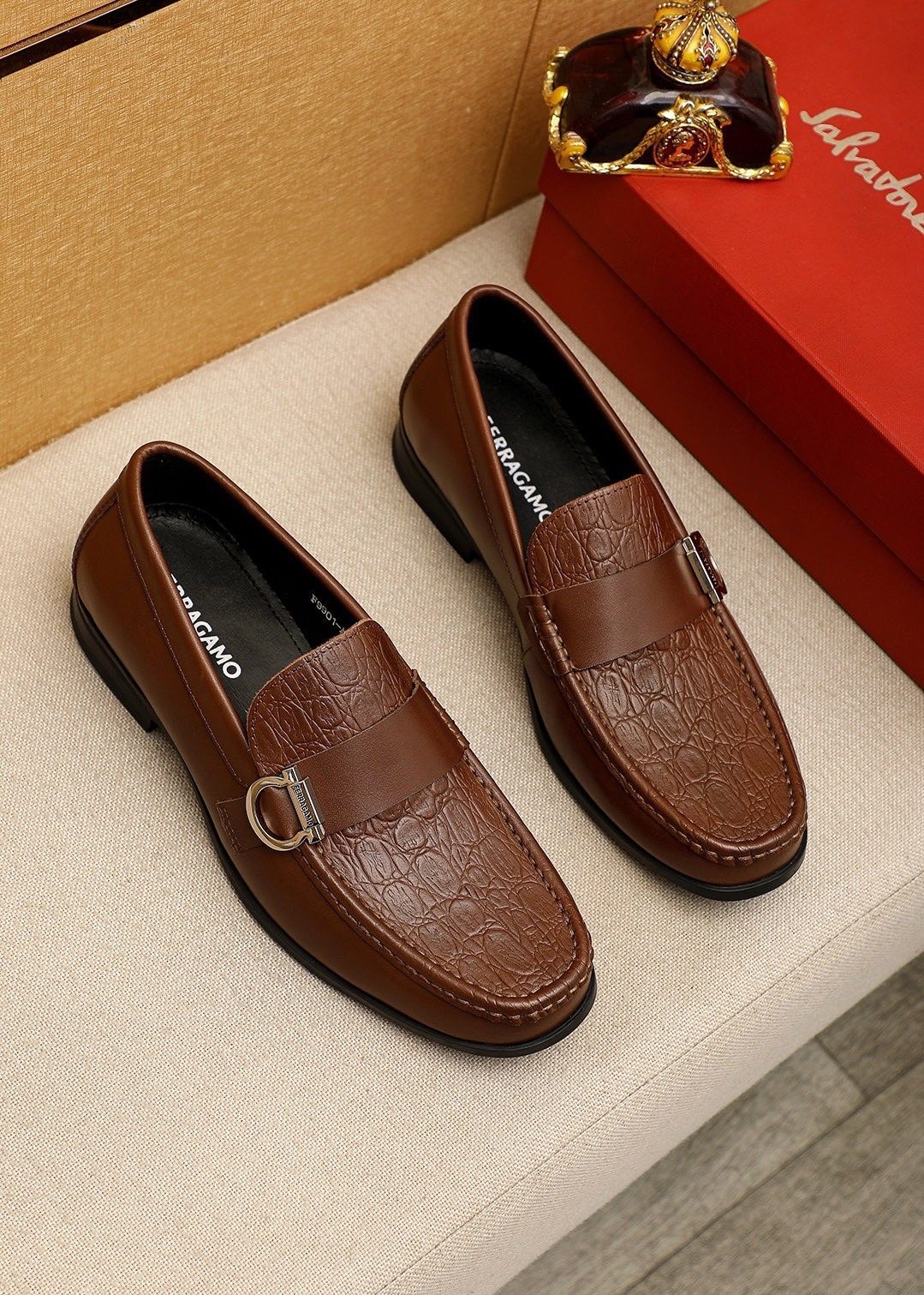 Ferragamo Textured Metal Bit Leather Loafers