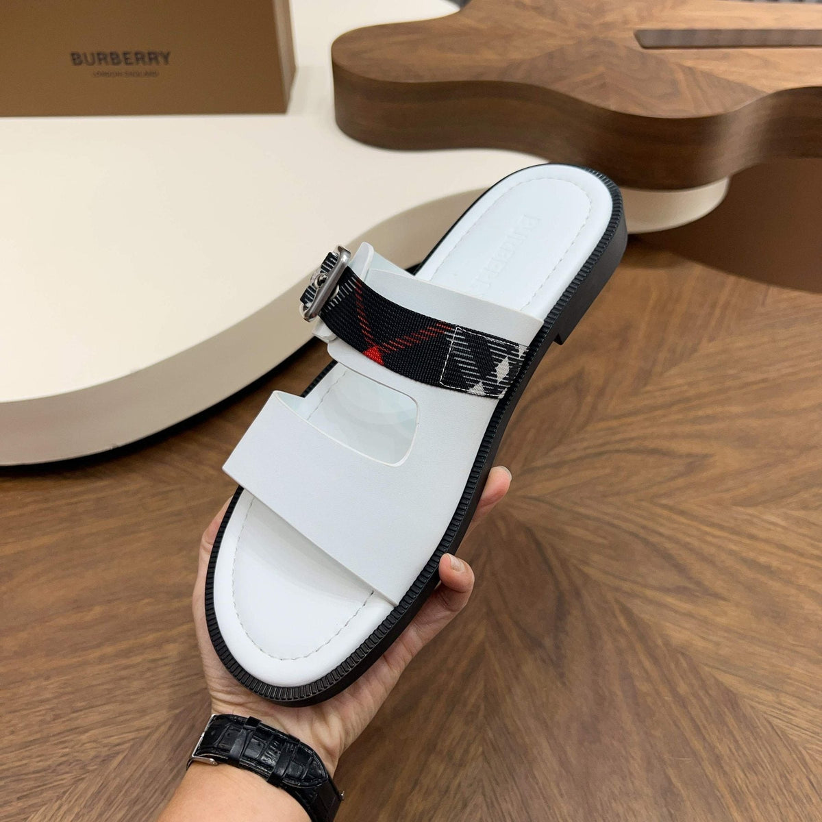 Burberry Plaid Buckle Slide Sandals