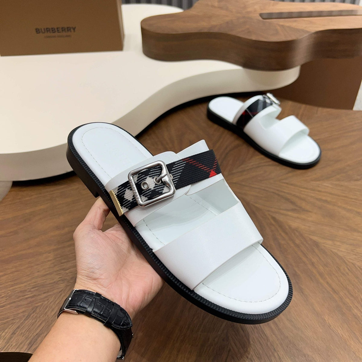 Burberry Plaid Buckle Slide Sandals