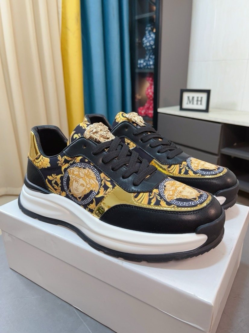 Versace Men's Gold Pattern Leather Sneakers