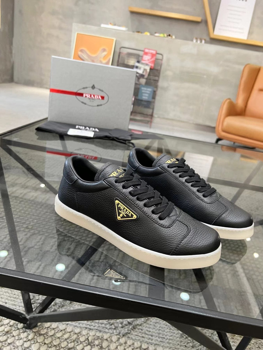 Prada Men's Gold Accent Low-Top Sneakers