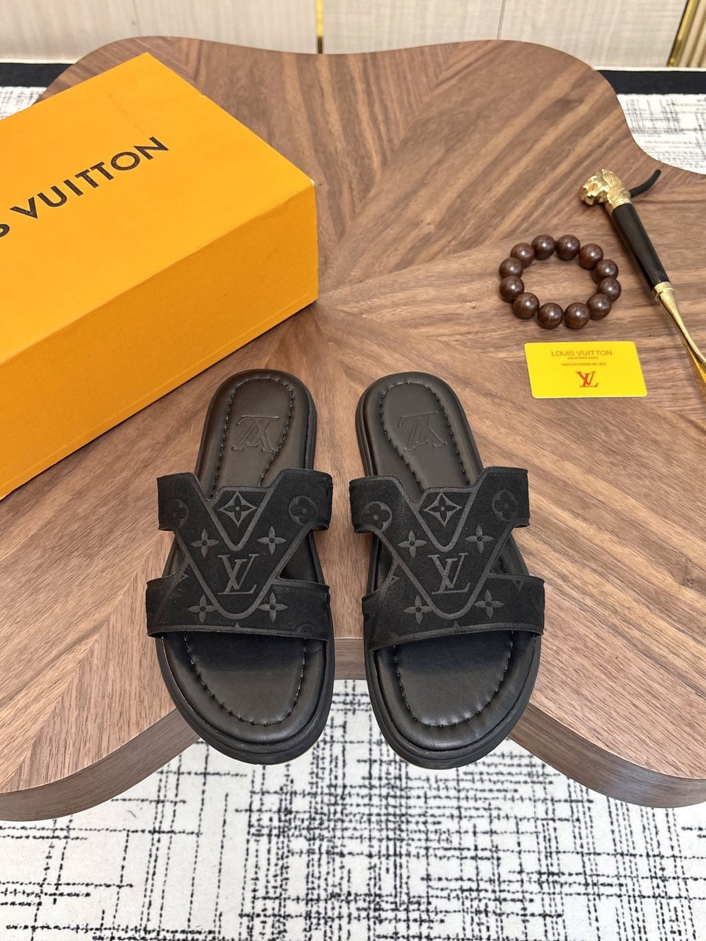 Louis Vuitton Monogram Slide Sandals - Black Contoured Footbed