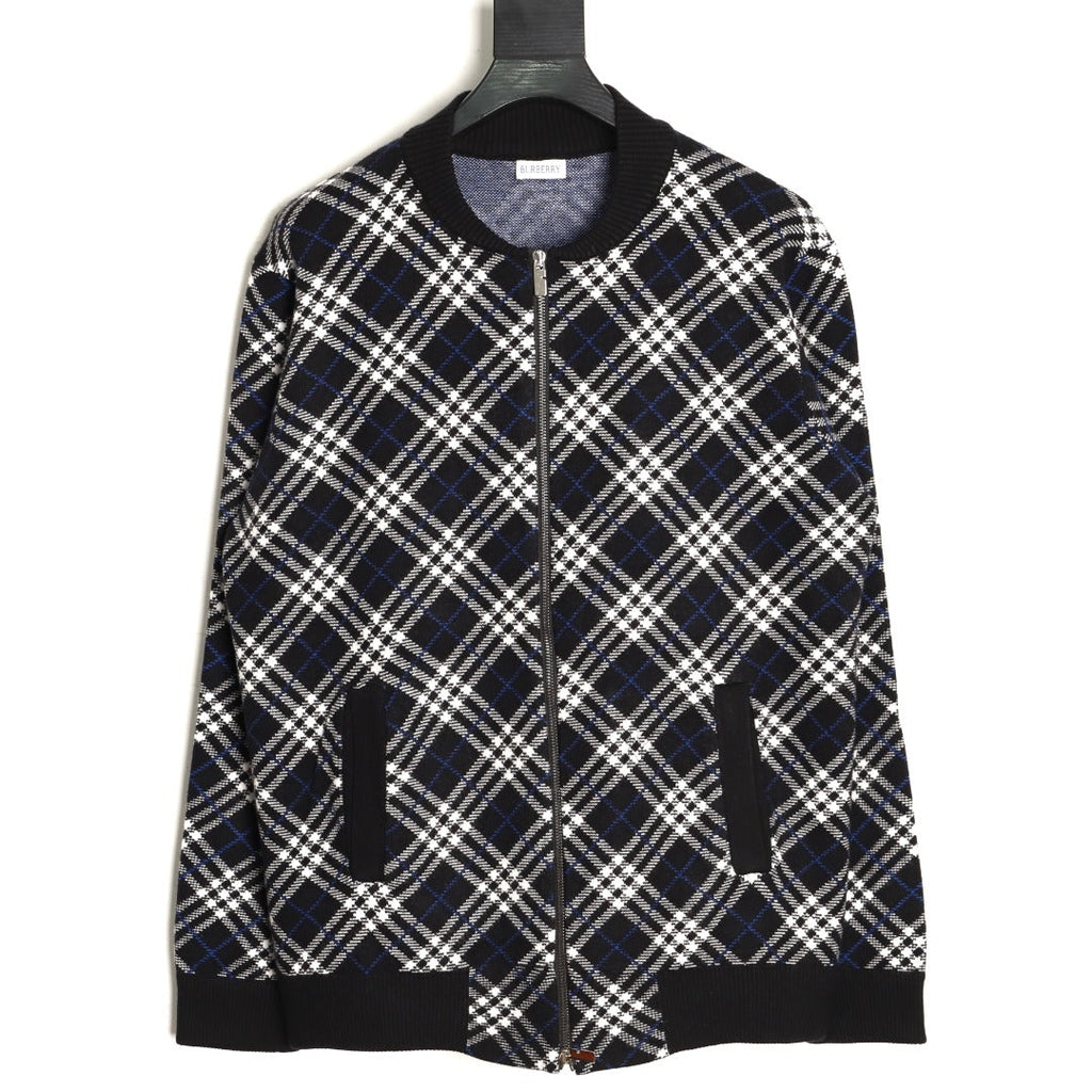 Burberry Diagonal-Check Zip Knit Cardigan - Black