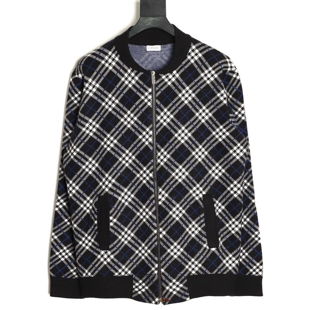 Burberry Diagonal-Check Zip Knit Cardigan - Black